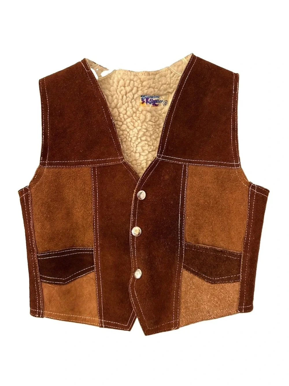 Vintage 70s Kids Suede Leather Sherpa Vest Western Patchwork Mexico Sz 18 M/L